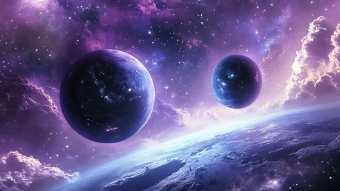 Twin cosmic spheres drift gently above a glowing alien world
