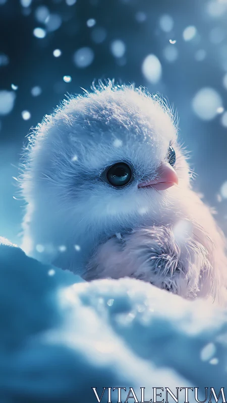 Fluffy white chick glows softly in drifting winter snow