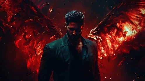 Dark angelic figure with flaming crimson wings in shadowed void.