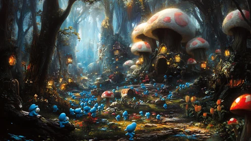 Bioluminescent mushroom village with blue forest sprites congregating.