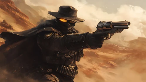Digital painting of desert gunslinger in dynamic side profile.