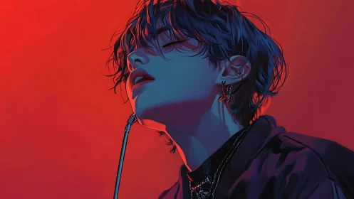 Androgynous figure in red lighting with microphone cable.