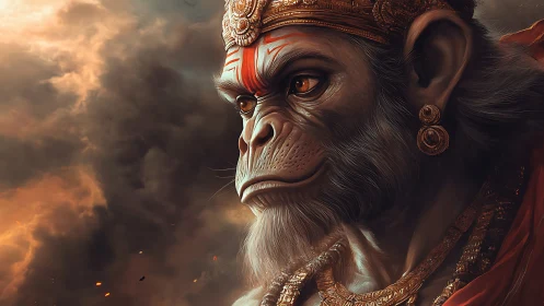 Regal simian warrior in glowing stormlit profile portrait.