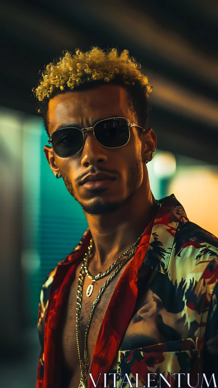 Urban portrait captures confident man in bold patterned shirt.