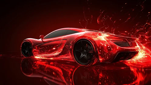 Plasma-ignited red supercar in dynamic digital motion field.