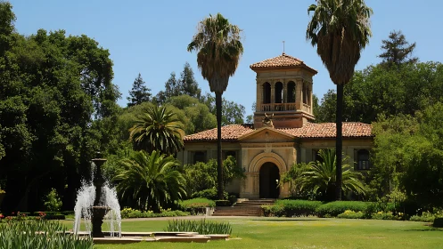 Mediterranean revival villa with axial fountain and palm allée.