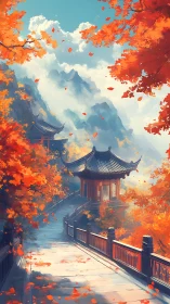 Mountain temple pavilion in vivid autumn forest landscape.