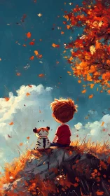 Child and toy tiger observe autumn sky in stylized panorama