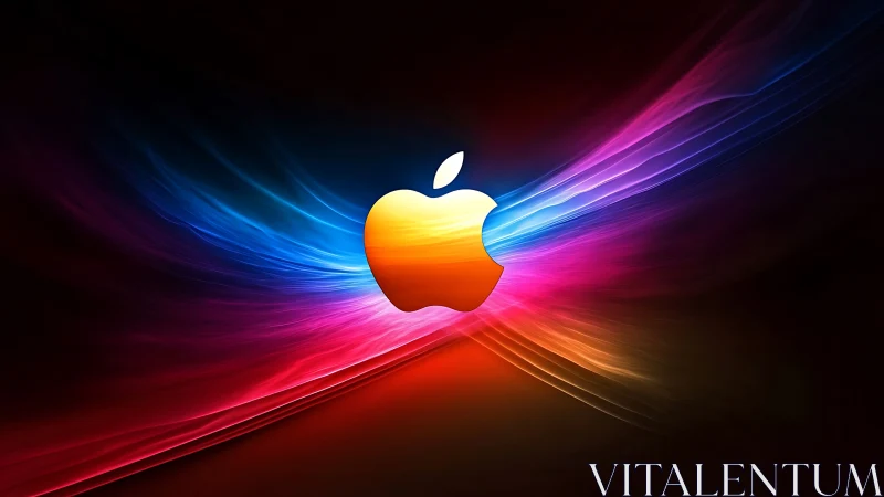 Luminous apple emblem surfing neon cosmic lightwaves.
