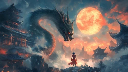 Lone warrior confronts lunar dragon above burning temples.