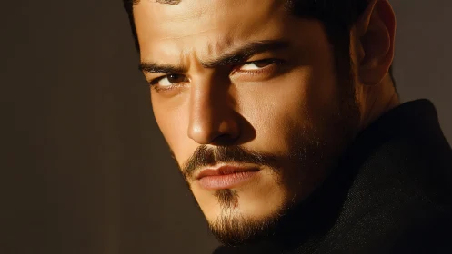 Intense male portrait in warm directional lighting.