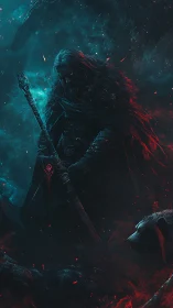 Dark frost mage with spectral wolf amid ember storm.