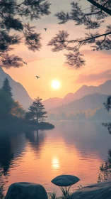 Serene mountain lake sunrise with mist and soft reflections.
