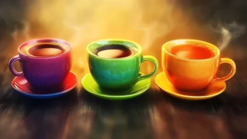 Steaming rainbow coffee trio basking in golden morning glow.