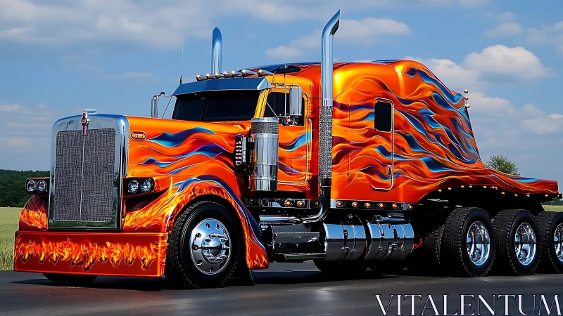 Custom orange semi truck displays chrome and flame paintwork