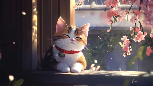 Calico cat with red collar on sunlit windowsill.