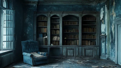 Decayed blue library interior reveals worn armchair and dusty shelving
