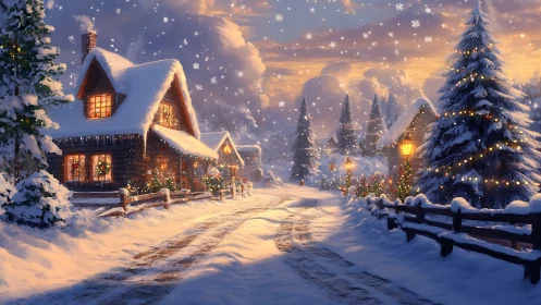 Snowy Christmas village glows under golden twilight sky.