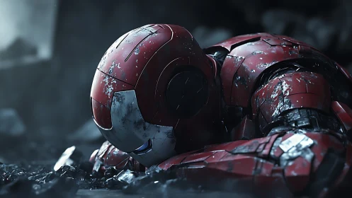 Damaged red exosuit helmet in debris field, cinematic closeup.