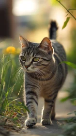 Tabby Cat Exploring Sunlit Garden Path with Grass