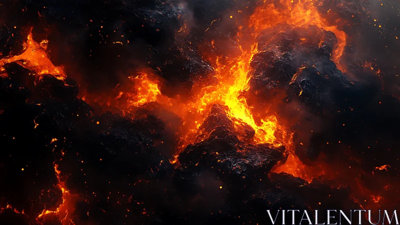 Intense lava flow with bright yellow-orange flames consuming dark volcanic rock