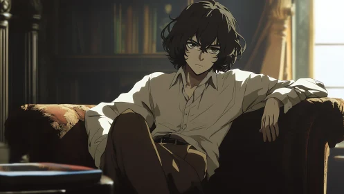 Analytical portrait of brooding youth in diffuse library light.