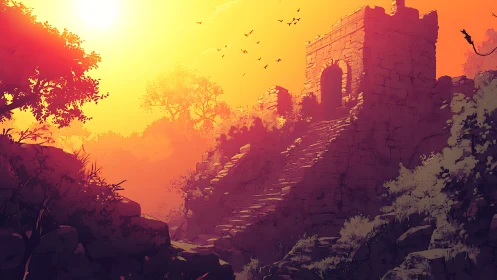 Sunlit forest ruins inviting quiet, golden hour wandering.