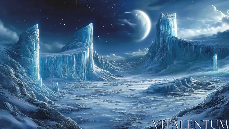 Frozen alien valley under moonlit sky with icy cliffs.