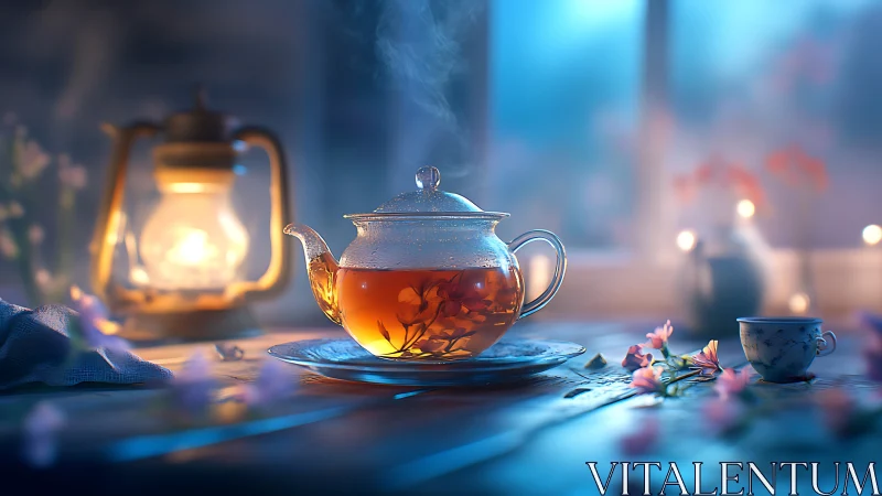 Steaming glass teapot glows softly in blue evening light.