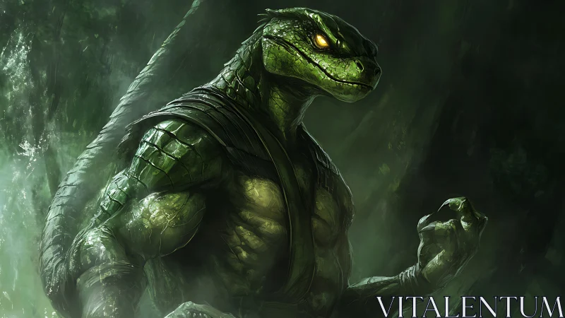 Armored lizard warrior emerges from shadowy jungle mist