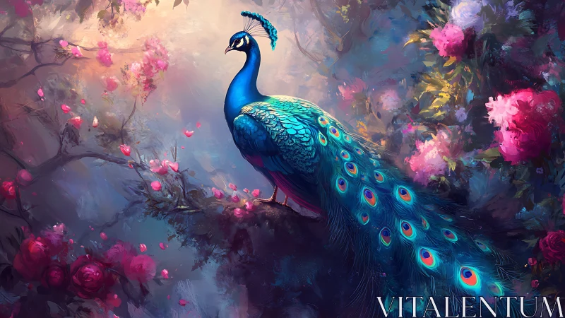 Iridescent peacock rendered in high-saturation flora with depth cues