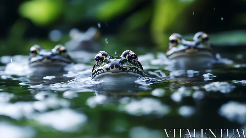 Four frogs partially submerged in reflective pond water.