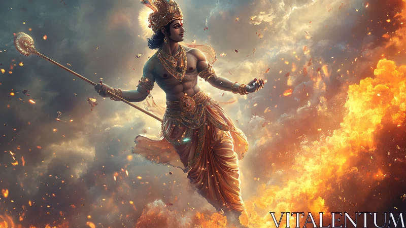 Skyborne warrior god striding through ember-torn clouds.