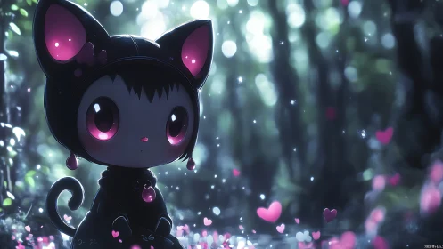Luminescent chibi cat-figure in bokeh-saturated forestscape.