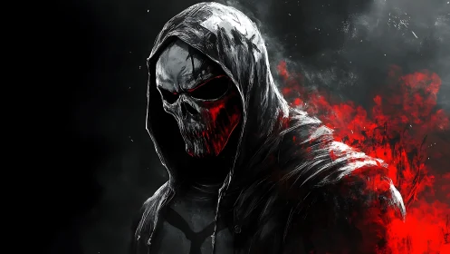 Hooded skull wreathed in crimson digital firestorm.