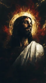 Sacred figure in radiant halo amid dark celestial void.