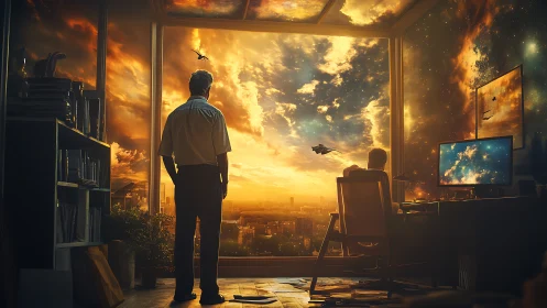 Sunlit studio overlooking sci-fi skyline with cinematic clouds.