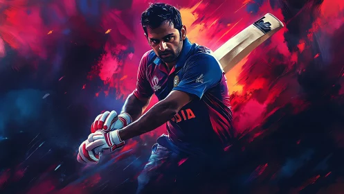 Cricketer in mid-swing against abstract red blue backdrop.