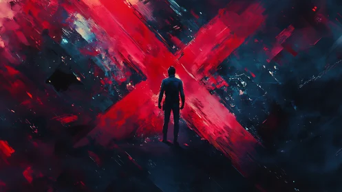 Solitary figure confronts luminous red X in abstract void