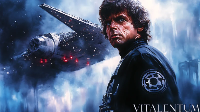 Storm-lit pilot stands defiant beneath looming starship.