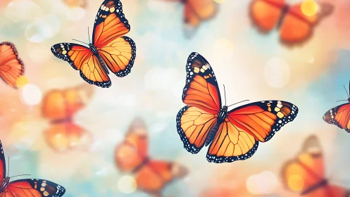 Orange butterflies with black edges fly across soft bokeh sky
