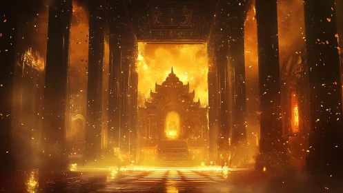 Incandescent temple hall rendered with volumetric firelight and embers