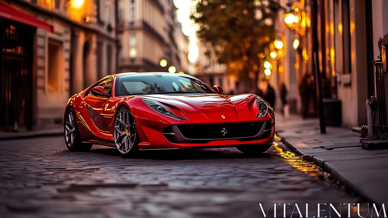 Aerodynamic red supercar on wet cobblestone city street at dusk.