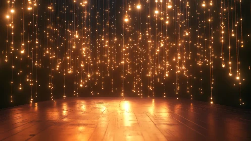 Suspended warm LED filaments above reflective wooden floor