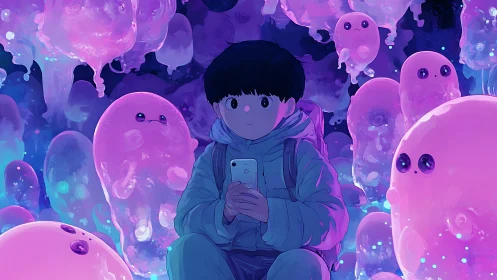 Boy with phone surrounded by glowing jelly spirits at night.