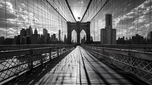 Black and white view along Brooklyn Bridge pedestrian deck