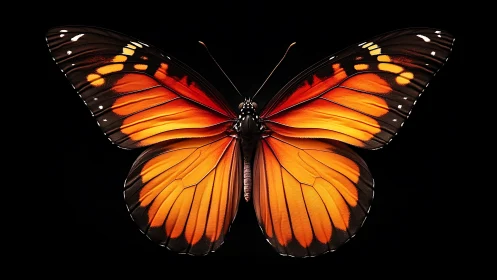 Fiery orange butterfly spreads luminous wings on black.