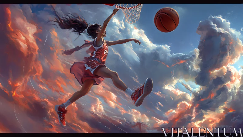 Skyward basketball dunk soars among glowing sunset clouds