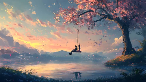 Couple share twilight swing beneath glowing blossom tree.