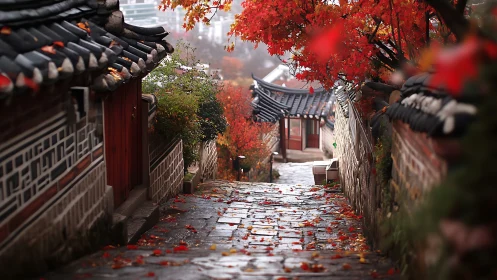 Autumn rain glazes a quiet Korean alley of tiled eaves.